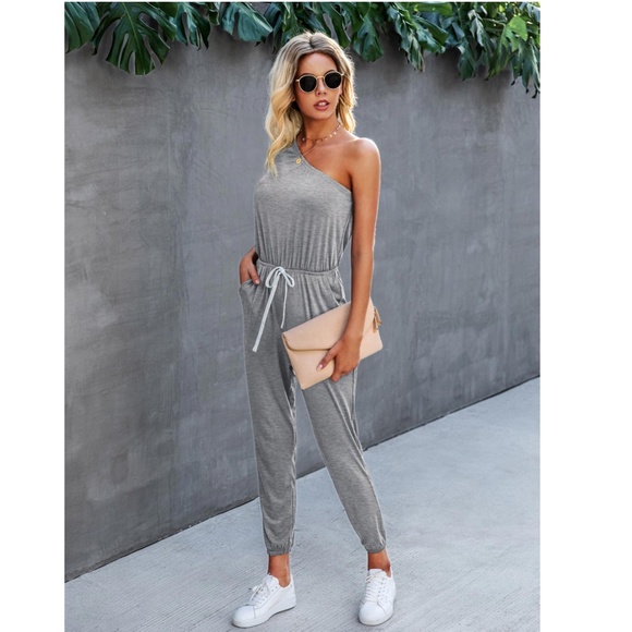 Contrast Ties One Shoulder Grey Jumpsuit - Picture 3 of 5